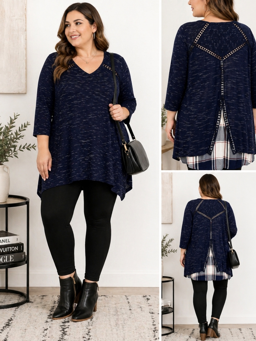Navy Space Dye Tunic 3X 22/24 V Neck Lace Shoulder Plus Size 3/4 Sleeve Top